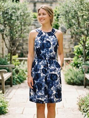 Milly of NY Floral Blue White Midi Dress Size 8 Designer Mod Shift Luxury Money